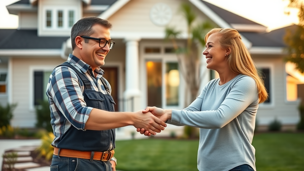 Contractor shaking hands with happy homeowners after signing a contract, as a result of contractors trailblazer media site success