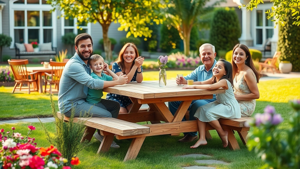 Cheerful family enjoying a beautifully landscaped backyard with manicured lawn and stone pathways