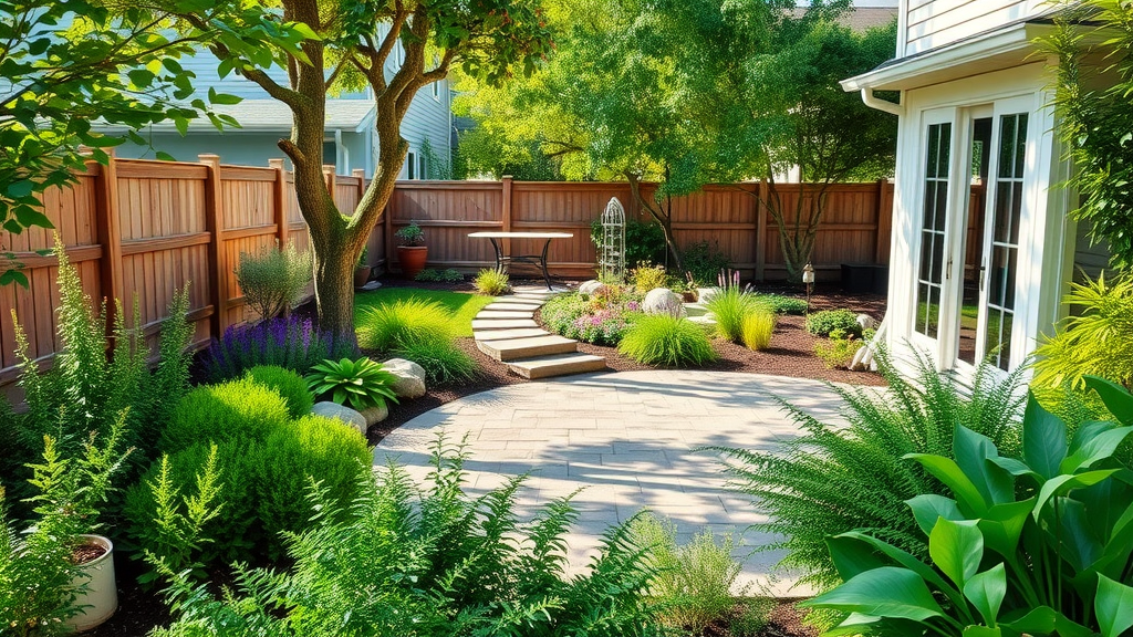 Vibrant outdoor garden featuring a mix of hardscape and softscape elements with a stone patio and lush greenery