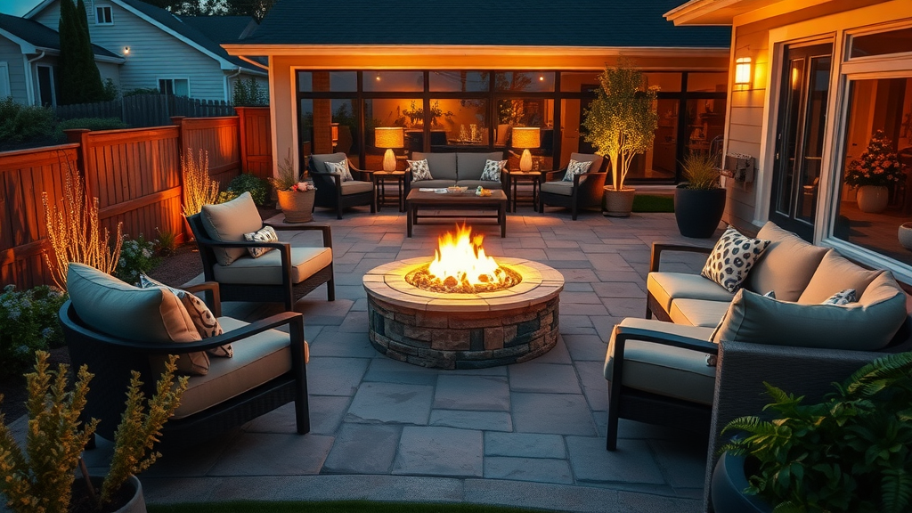 Warm outdoor living space at dusk featuring cozy fire pit and modern outdoor lighting in backyard with stone patio