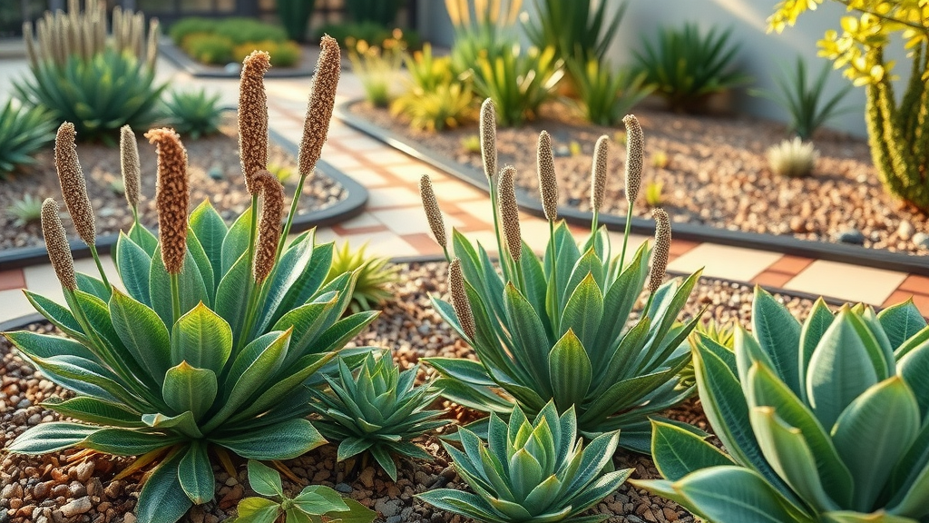 Eco-friendly garden featuring native drought-tolerant plants with mulched pathways and minimal sustainable hardscape