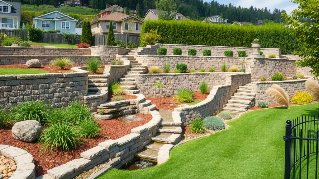 Tiered backyard garden with stone retaining walls on sloped terrain, featuring effective drainage and erosion control
