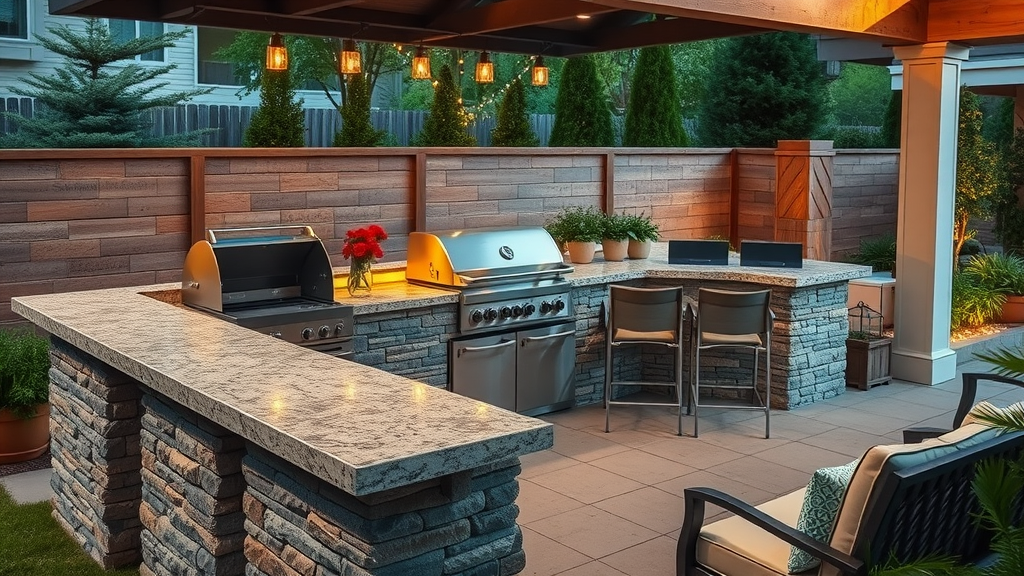 Modern outdoor kitchen with stone countertops, built-in grill, and ambient lighting surrounded by lush plants in backyard