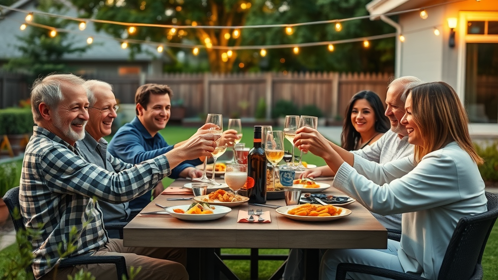 Engaging backyard gathering with friends and family enjoying meal at contemporary patio set surrounded by greenery under string lights
